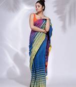 Blue Pure Cotton handwoven saree with stripe Border