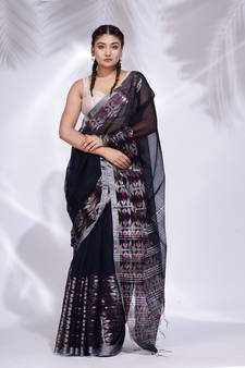 Black Blended Cotton handwoven saree with nakshi border