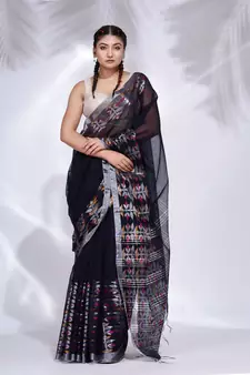 Black Blended Cotton handwoven saree with nakshi border