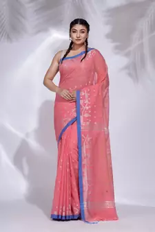 Pink Pure Cotton handwoven saree with geometric border