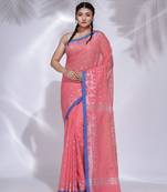 Pink Pure Cotton handwoven saree with geometric border