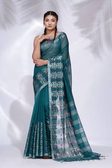 Teal Blended Cotton handwoven saree with nakshi border