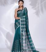 Teal Blended Cotton handwoven saree with nakshi border