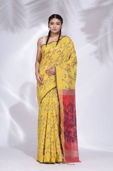 Yellow Khadi handwoven saree with nakshi design
