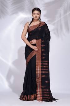 Black Pure Cotton handwoven saree with copper zari border
