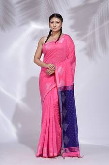 Pink Blended Cotton handwoven saree with geometric border