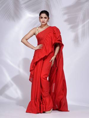 Red Pure Cotton handwoven ruffle saree 1