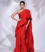 Red Pure Cotton handwoven ruffle saree