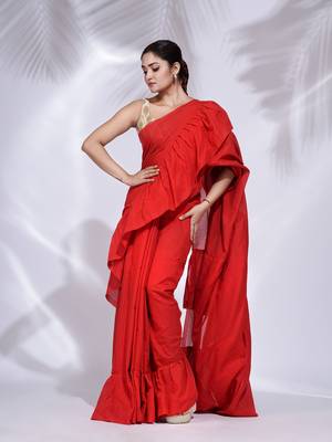 Red Pure Cotton handwoven ruffle saree 2