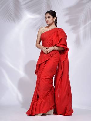 Red Pure Cotton handwoven ruffle saree 3