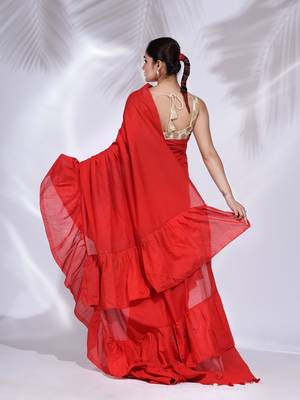 Red Pure Cotton handwoven ruffle saree 4