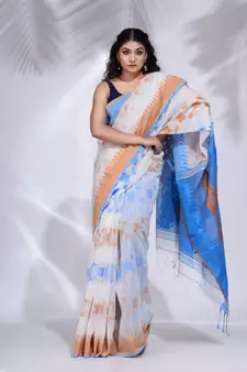 White Khadi handwoven saree with temple border