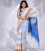 White Khadi handwoven saree with temple border