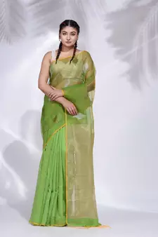 Green Blended Cotton handwoven saree with zari pallu