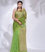 Green Blended Cotton handwoven saree with zari pallu