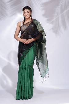 Black and Green Blended Cotton handwoven saree with zari pallu