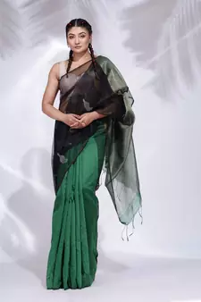 Black and Green Blended Cotton handwoven saree with zari pallu