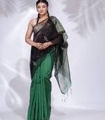 Black and Green Blended Cotton handwoven saree with zari pallu