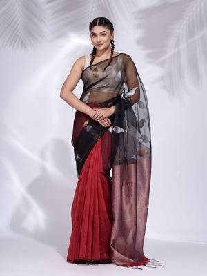 Black and Red Blended Cotton handwoven saree with zari pallu 1