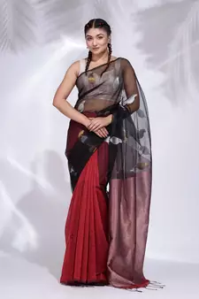 Black and Red Blended Cotton handwoven saree with zari pallu