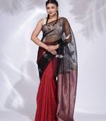 Black and Red Blended Cotton handwoven saree with zari pallu