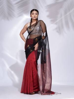 Black and Red Blended Cotton handwoven saree with zari pallu 2