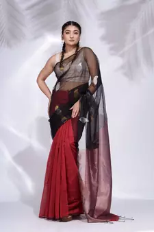 Black and Red Blended Cotton handwoven saree with zari pallu