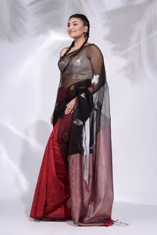 Black and Red Blended Cotton handwoven saree with zari pallu