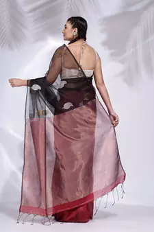 Black and Red Blended Cotton handwoven saree with zari pallu