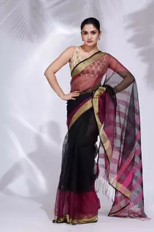 Black and Fuchsia Blended Cotton handwoven saree with zari border