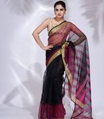 Black and Fuchsia Blended Cotton handwoven saree with zari border
