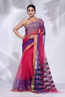 Fuchsis and Purple Blended Cotton handwoven saree with zari border