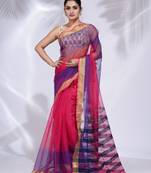 Fuchsis and Purple Blended Cotton handwoven saree with zari border
