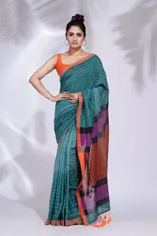 Teal Pure Cotton handwoven saree with stripe design