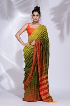 Green Pure Cotton handwoven saree with stripe border