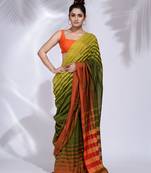 Green Pure Cotton handwoven saree with stripe border