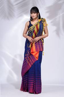 Royal Blue Pure Cotton handwoven saree with stripe border