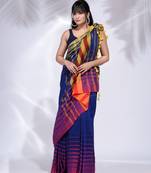 Royal Blue Pure Cotton handwoven saree with stripe border