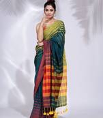 Teal Pure Cotton handwoven saree with stripe border