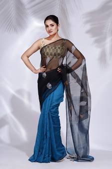 Black and Sky Blue Blended Cotton handwoven saree with zari pallu