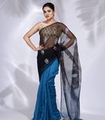 Black and Sky Blue Blended Cotton handwoven saree with zari pallu