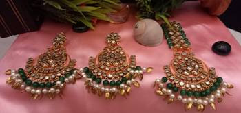 Green Copper Base Gold Plated Kundan Light Weight Earrings Maangtika Set Combo 2