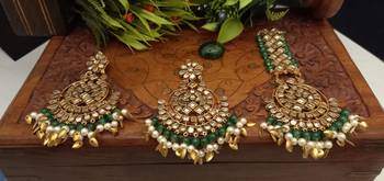 Green Copper Base Gold Plated Kundan Light Weight Earrings Maangtika Set Combo 3