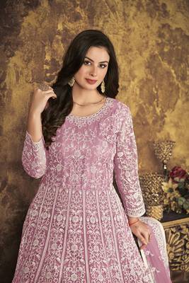 Light-pink embroidered net salwar kameez 4