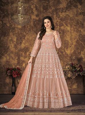 Peach embroidered net salwar kameez 1