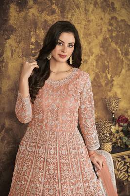 Peach embroidered net salwar kameez 4