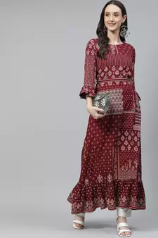 Maroon printed rayon ethnic-kurtis