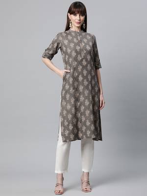 Light-grey printed cotton ethnic-kurtis 1