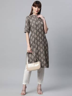 Light-grey printed cotton ethnic-kurtis 5