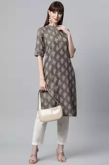 Light-grey printed cotton ethnic-kurtis